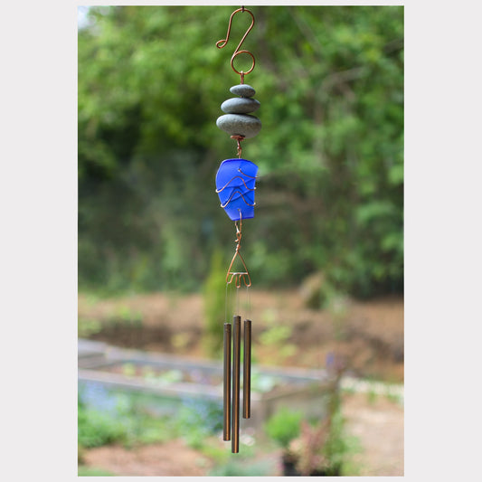 Zen beach stone chime with cobalt blue artist-made beach glass.