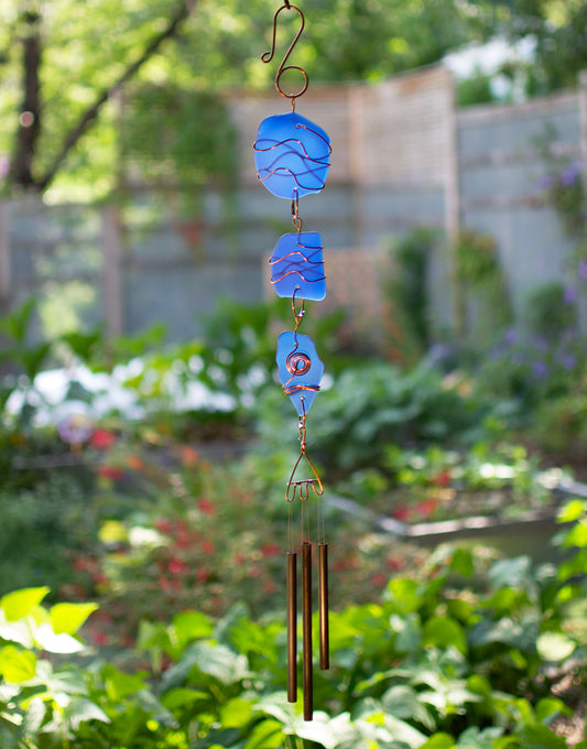 Carillon éolien extérieur en verre bleu cobalt fabriqué à la main
