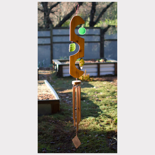 Large cedar, sea glass, and copper wind chime.