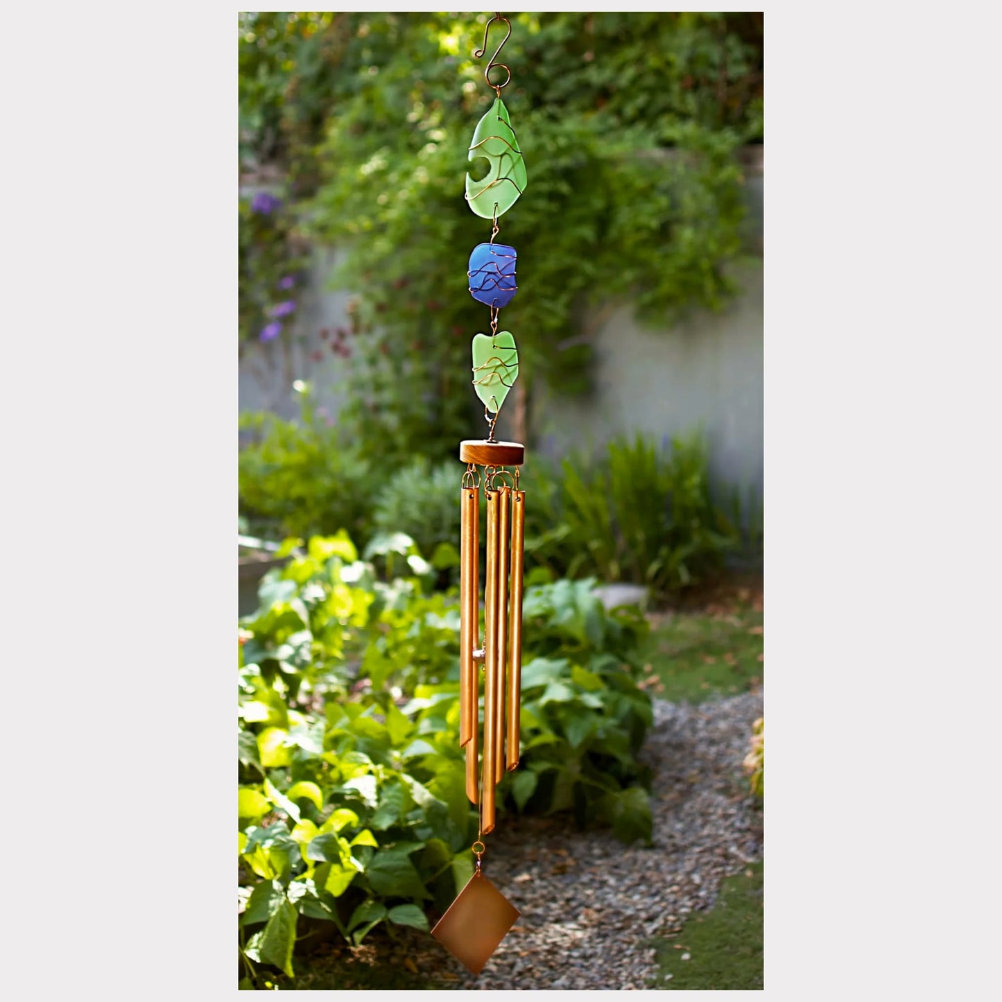 Large handcrafted sea glass wind chime with copper chimes.