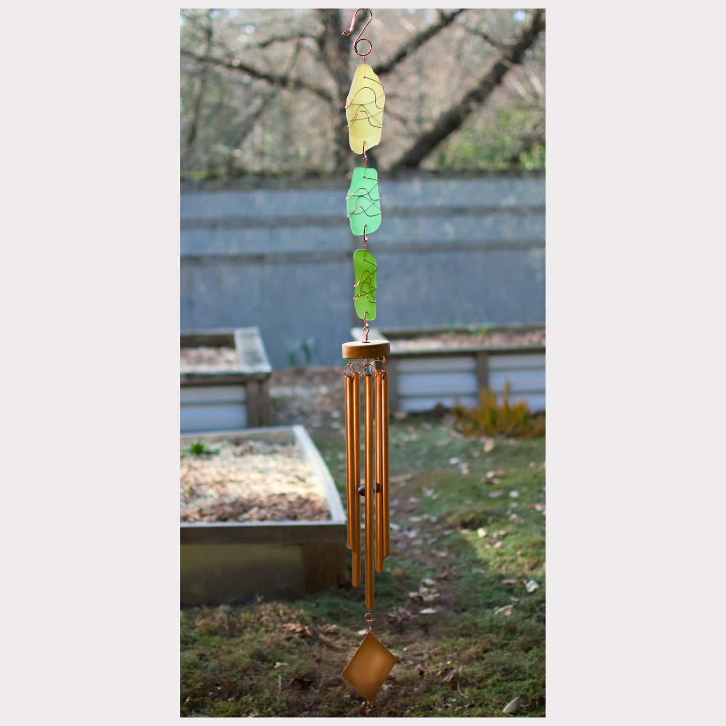 Sea glass large handcrafted wind chime with copper chimes.