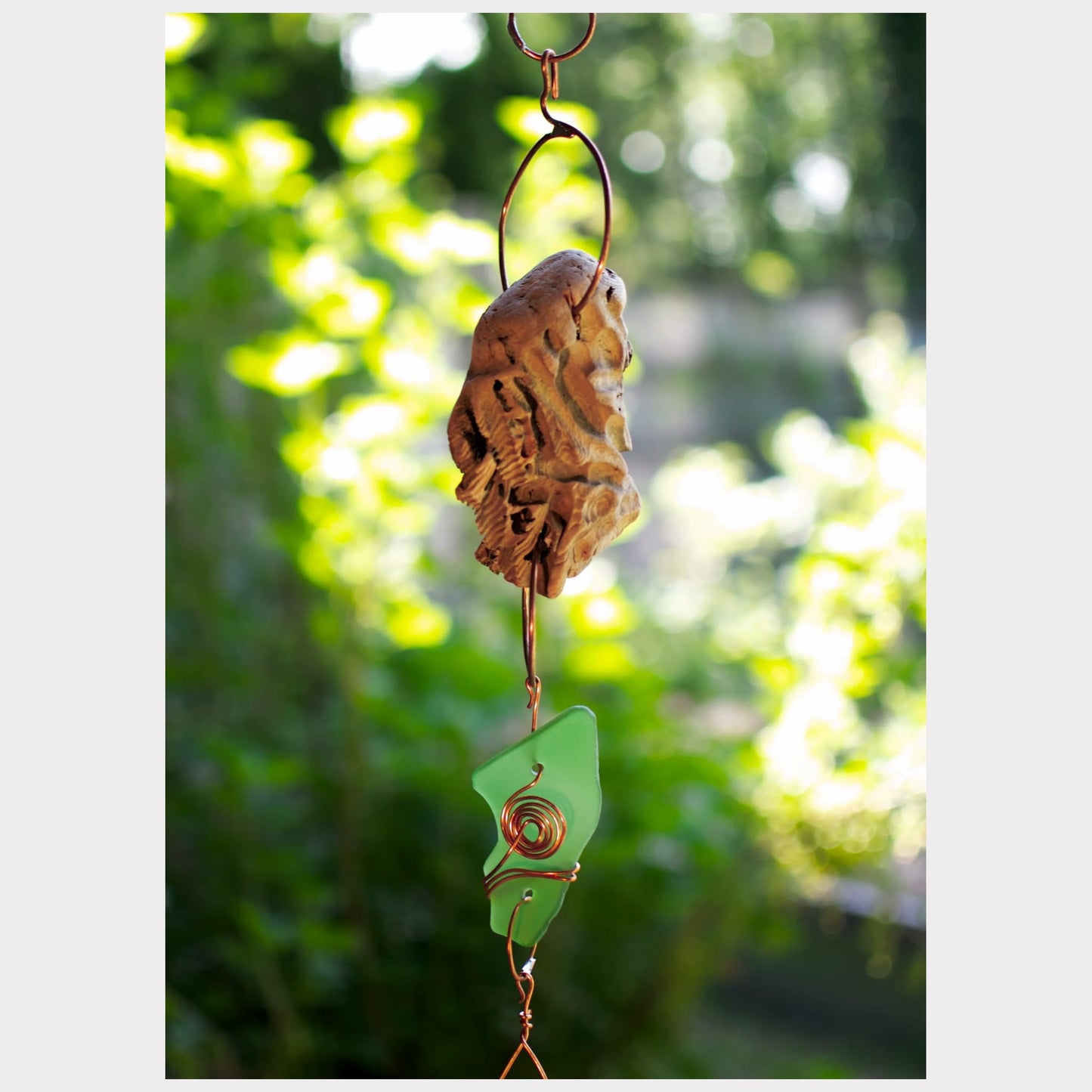 detail, driftwood and sea glass wind chime
