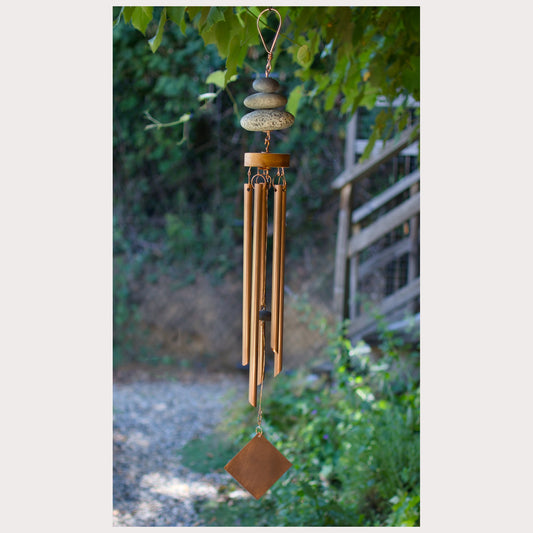 Zen wind chime featuring 5 genuine copper chimes and 3 natural beach stones.
