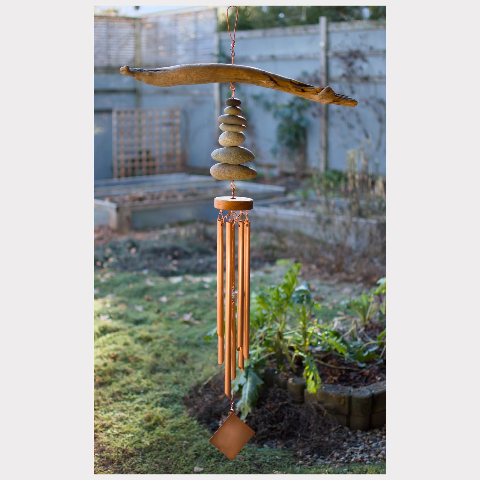 driftwood beach stone copper wind chime, handcrafted