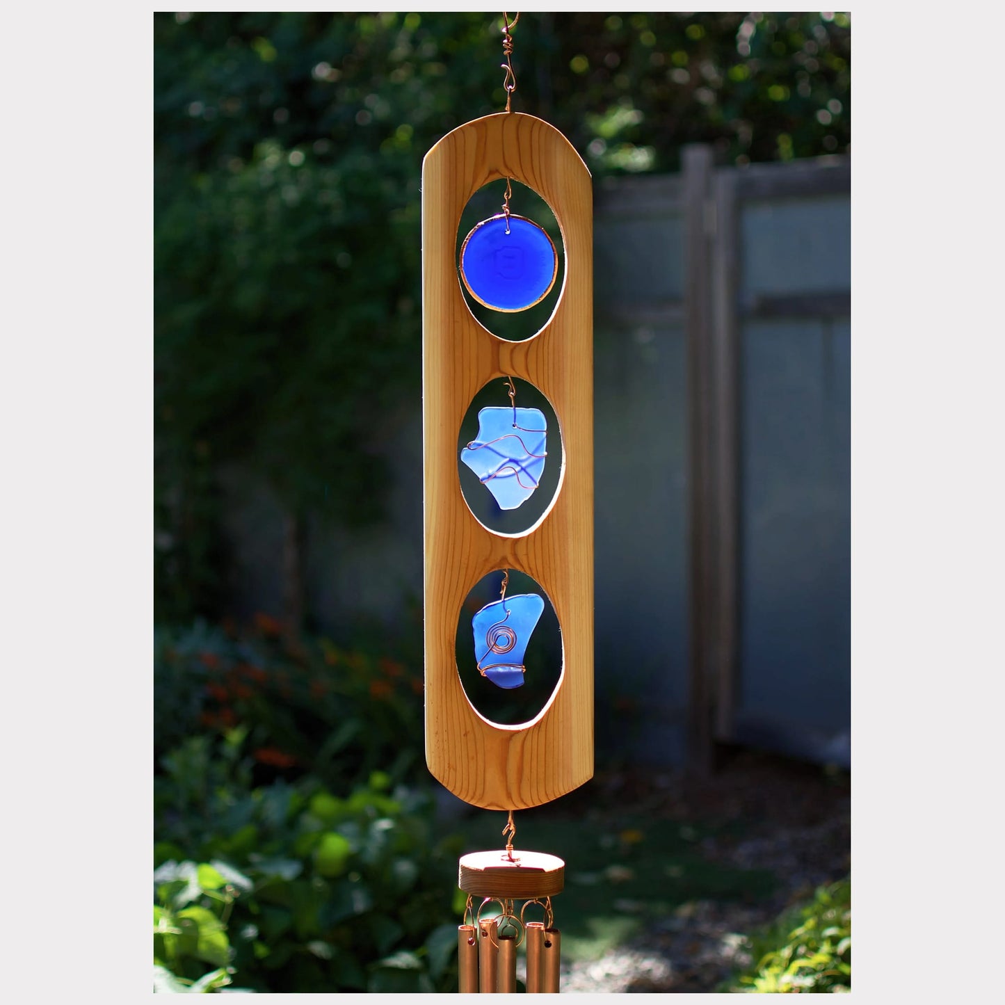 detail cedar blue glass wind chime