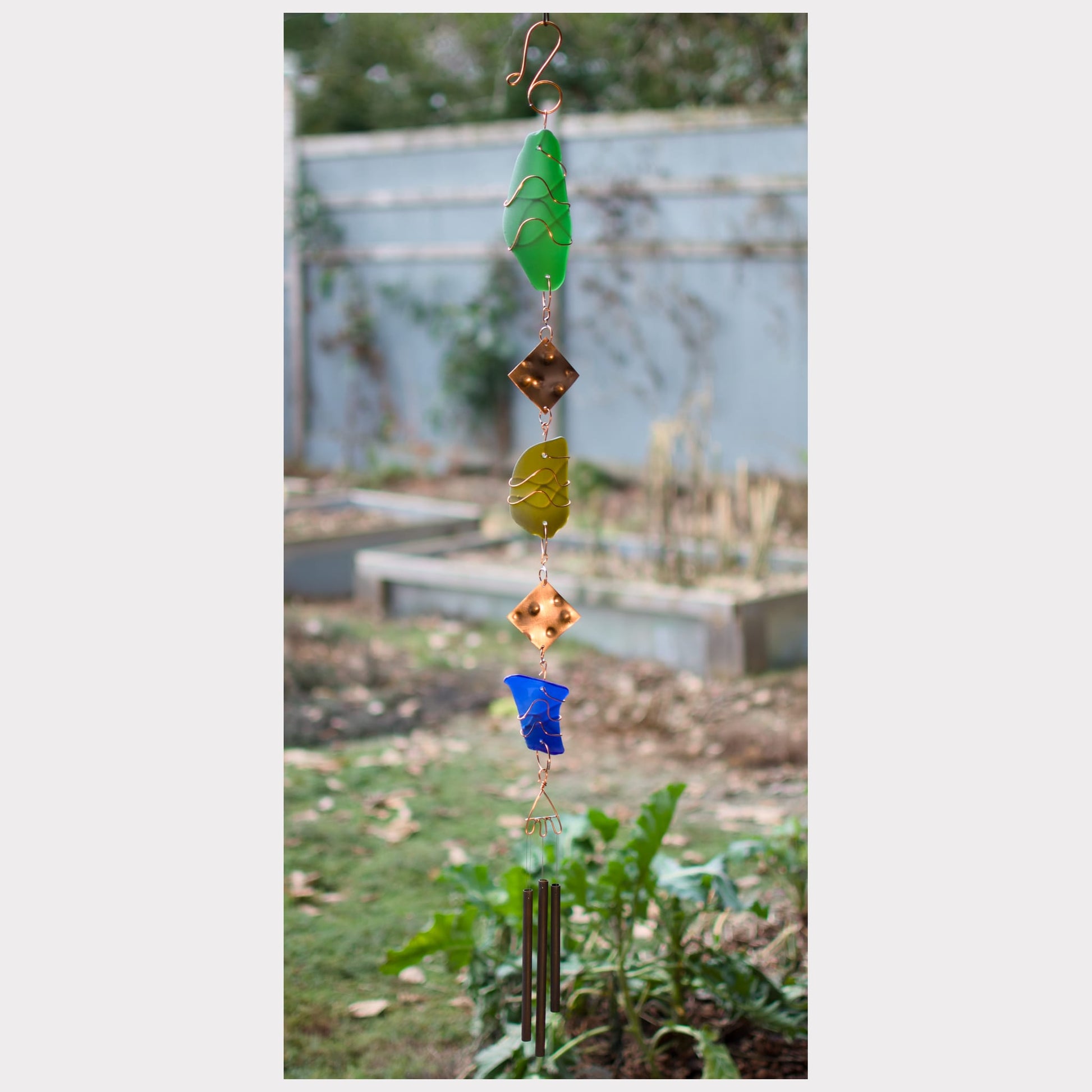 Colourful handcrafted sea glass wind chime sun catcher