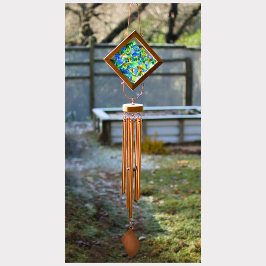 Large handcrafted sea glass and copper kaleidoscope wind chime.