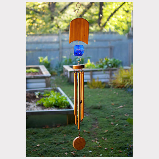 Cedar wood and sea glass handcrafted wind chime with copper chimes.