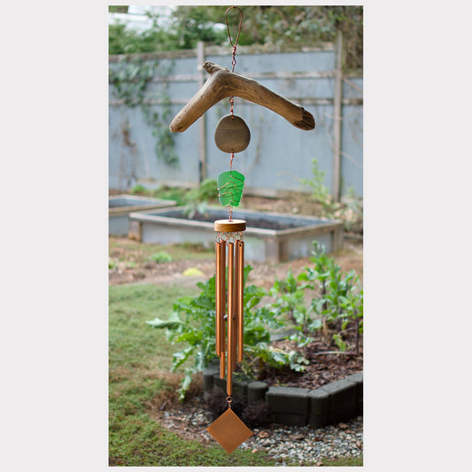Driftwood, beach stone, sea glass, handcrafted wind chime with five copper chimes.