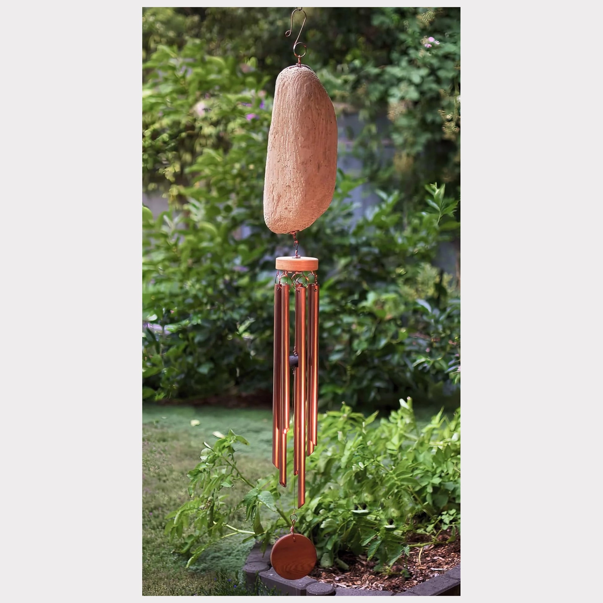 Large rustic driftwood wind chime with seven copper chimes, handcrafted.