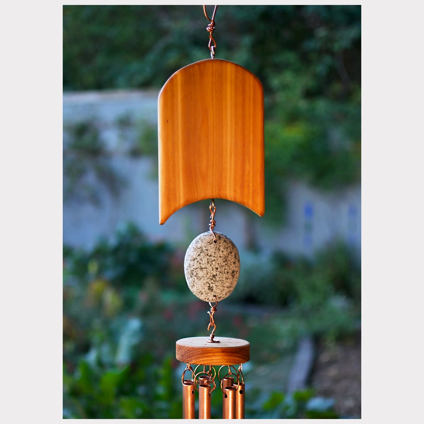 detail, cedar and beach stone wind chime