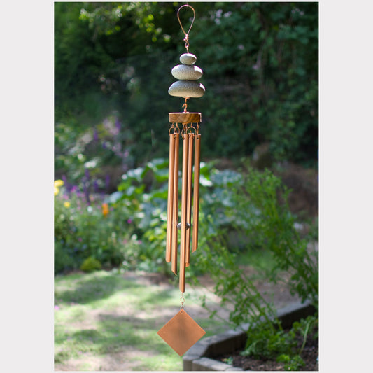 Zen wind chime, featuring three large natural beach stones and five large genuine copper chimes.