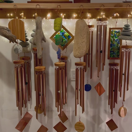 Video of Coast Chimes gallery, showing many different handmade wind chimes.