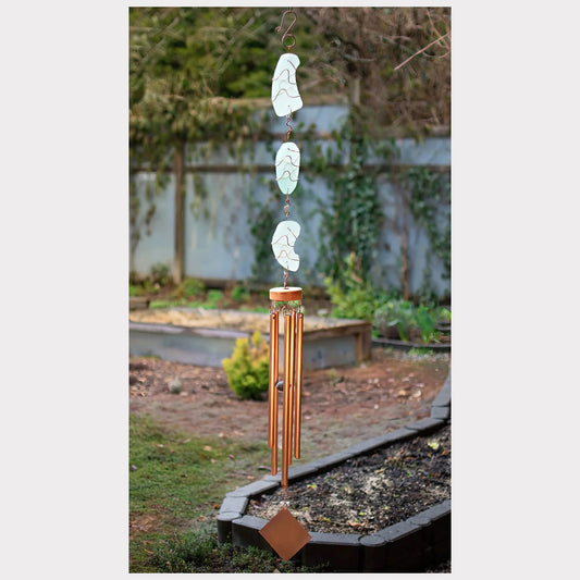 large sea glass wind chime with five genuine copper chimes, handcrafted by Coast Chimes.