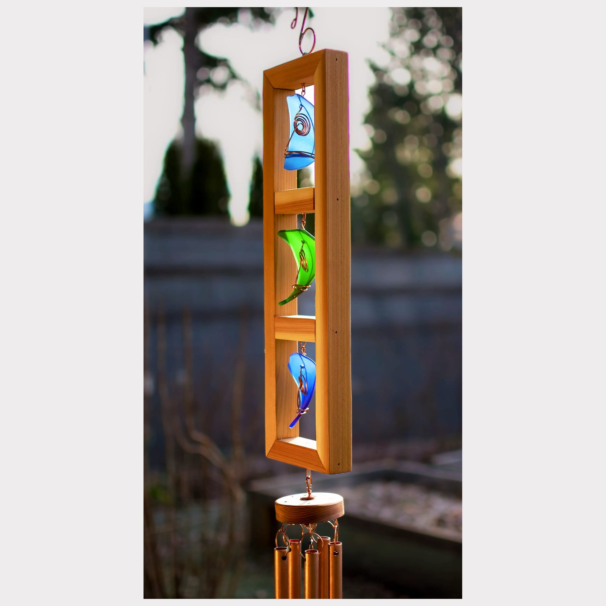 side view, cedar sea glass wind chime
