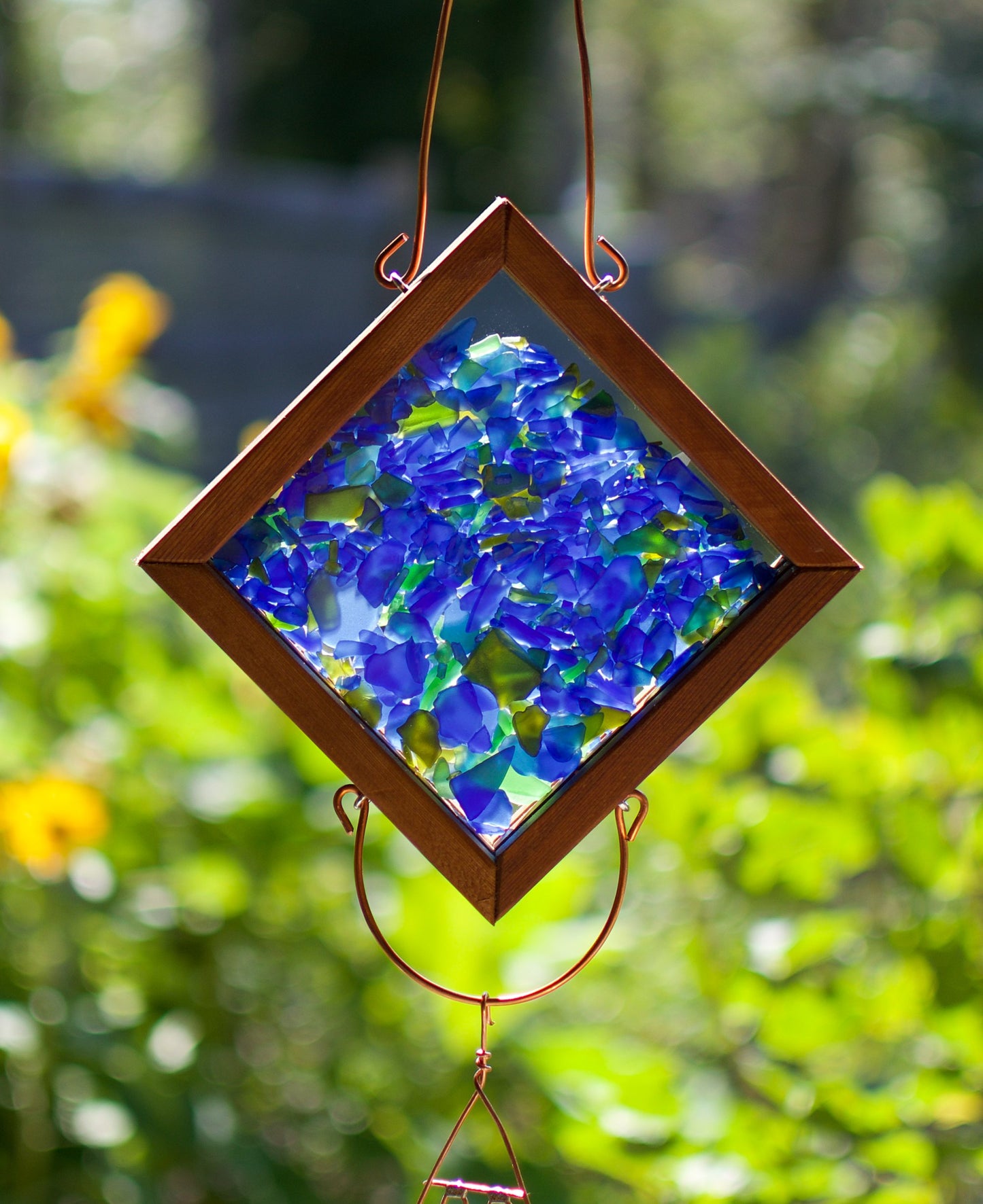 Carillon à Vent Bleu Vert Verre Cuivre Fabriqué à la Main Extérieur