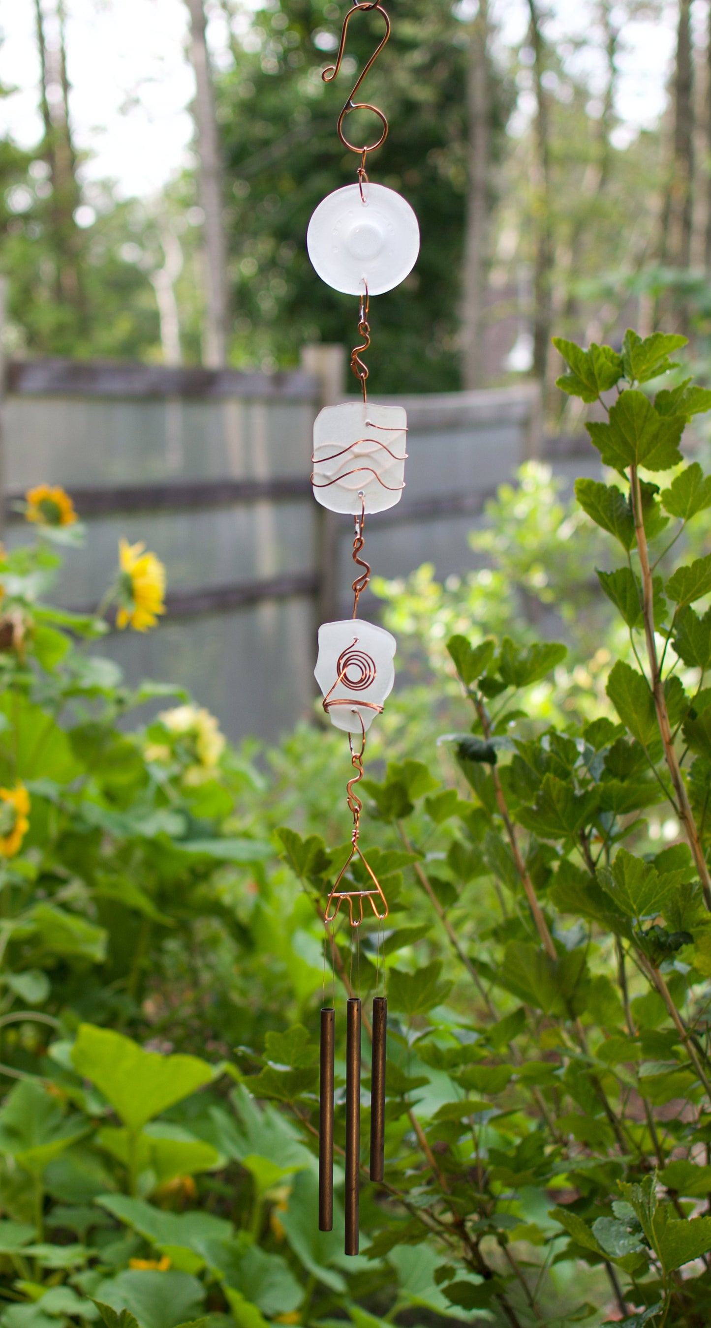 Frosty White Sea Glass and Copper Outdoor Handcrafted Wind Chime