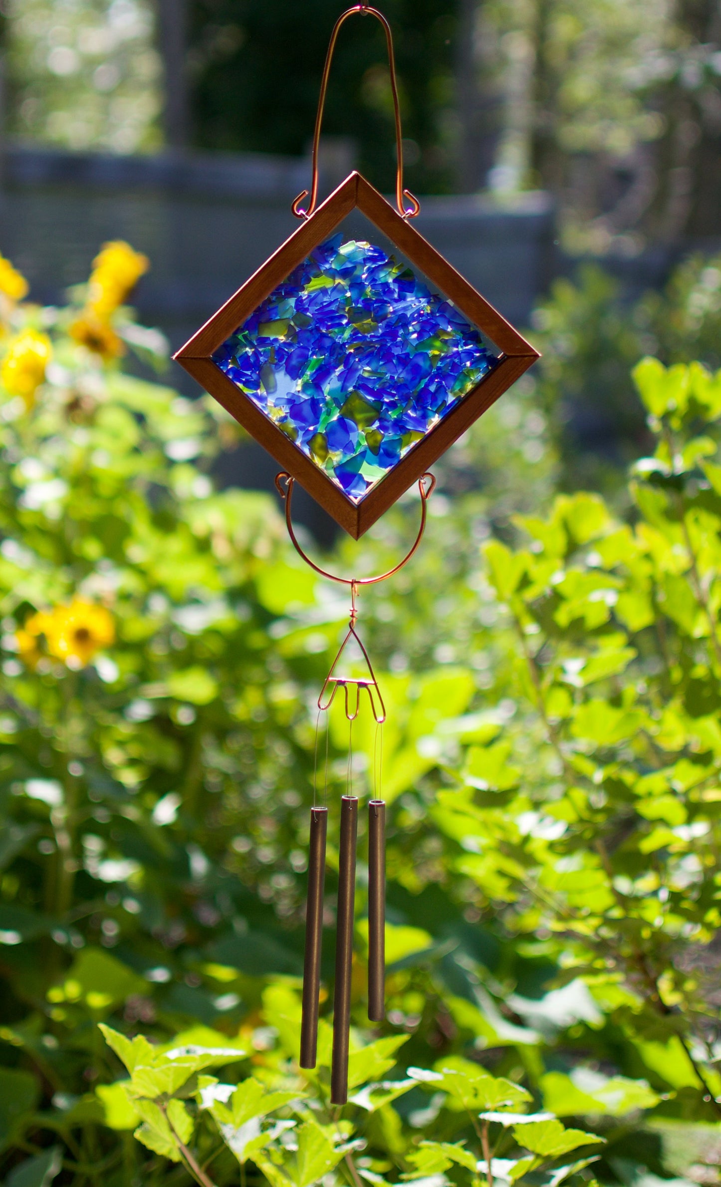 Carillon à Vent Bleu Vert Verre Cuivre Fabriqué à la Main Extérieur