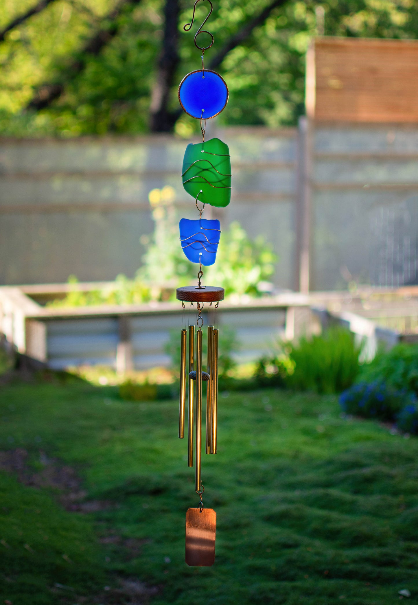 Carillon éolien bleu vert verre cuivre 5 carillons artisanaux en laiton