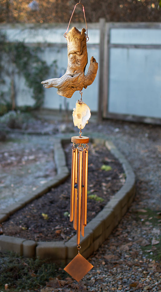 Wind Chime Driftwood Beach Stones Copper Large Outdoor Windchimes