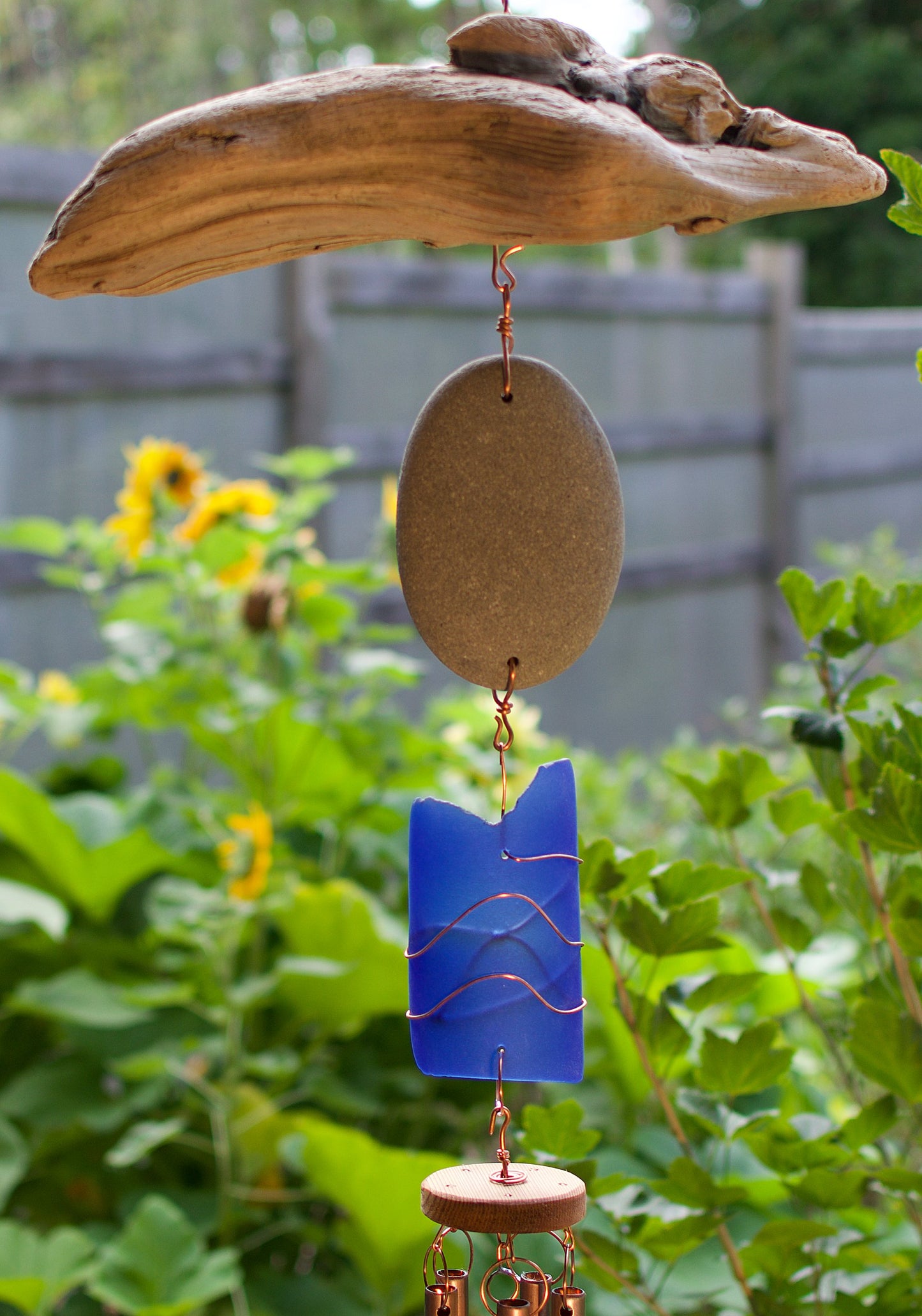 Wind Chime Outdoor Large Driftwood Copper Beach Stone Glass