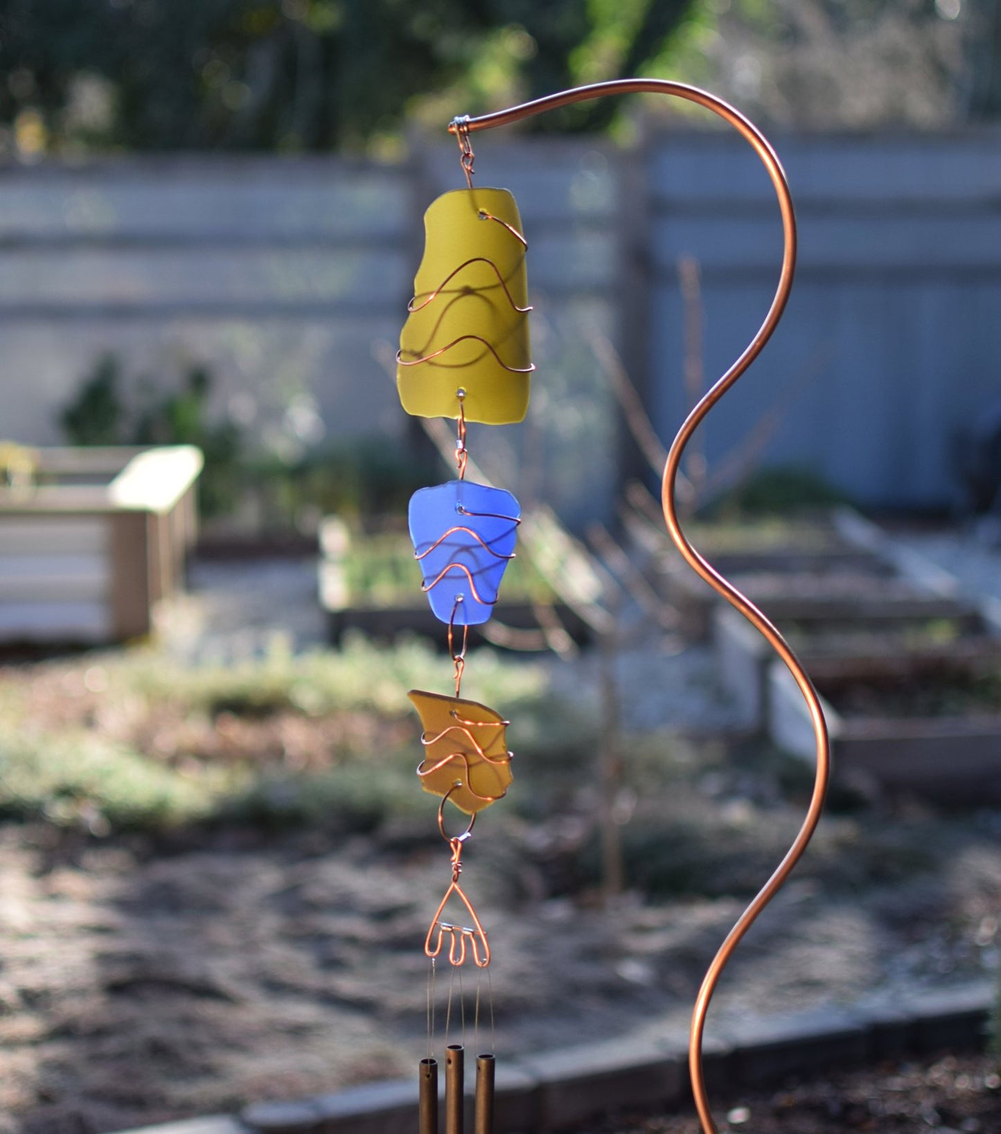 Wind Chime Freestanding Outdoor Sea Glass Copper Beach Stone