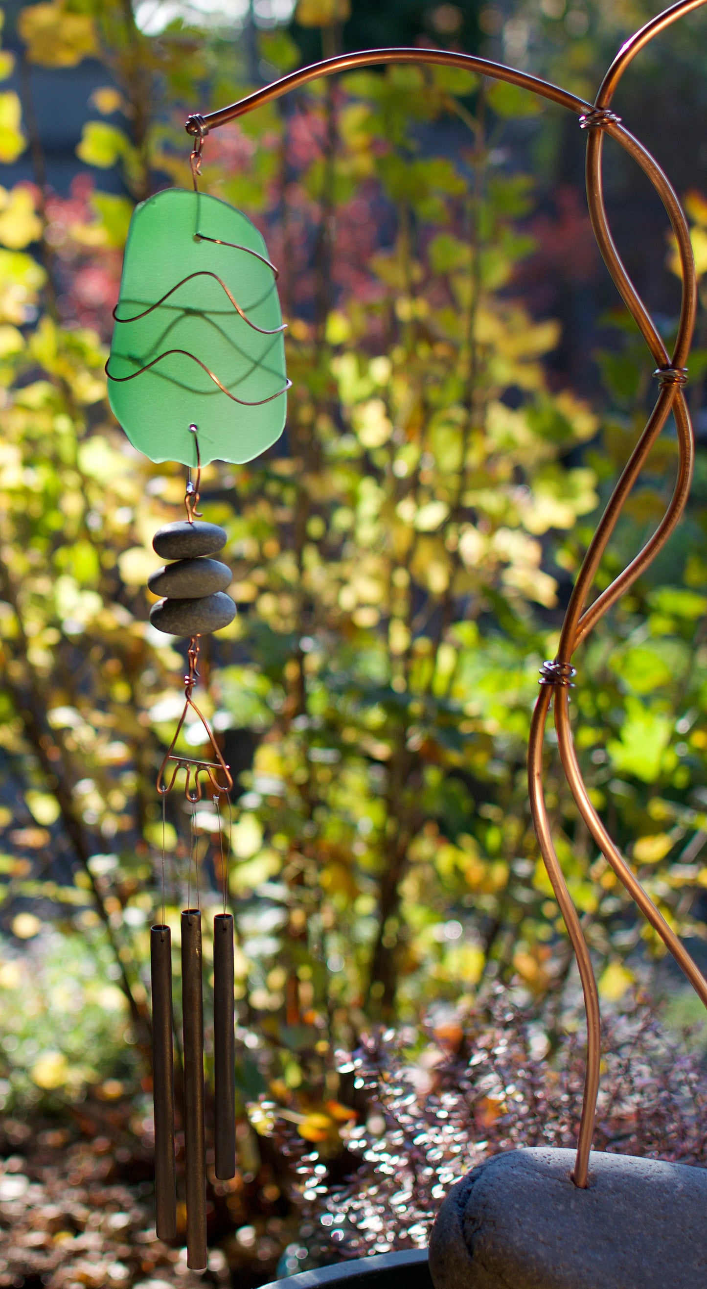 Wind Chime Freestanding Sea Glass Beach Stone Copper