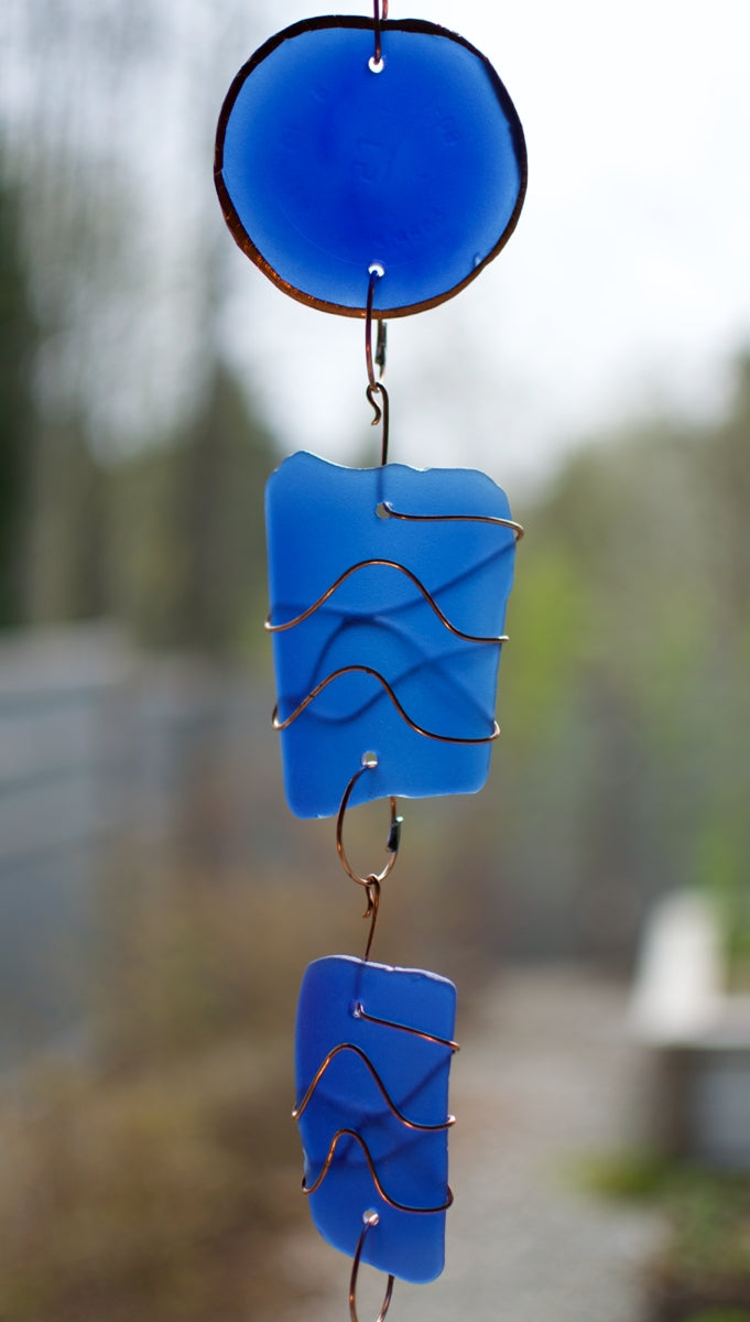Wind Chime Blue Glass Copper Antiqued Brass Chimes