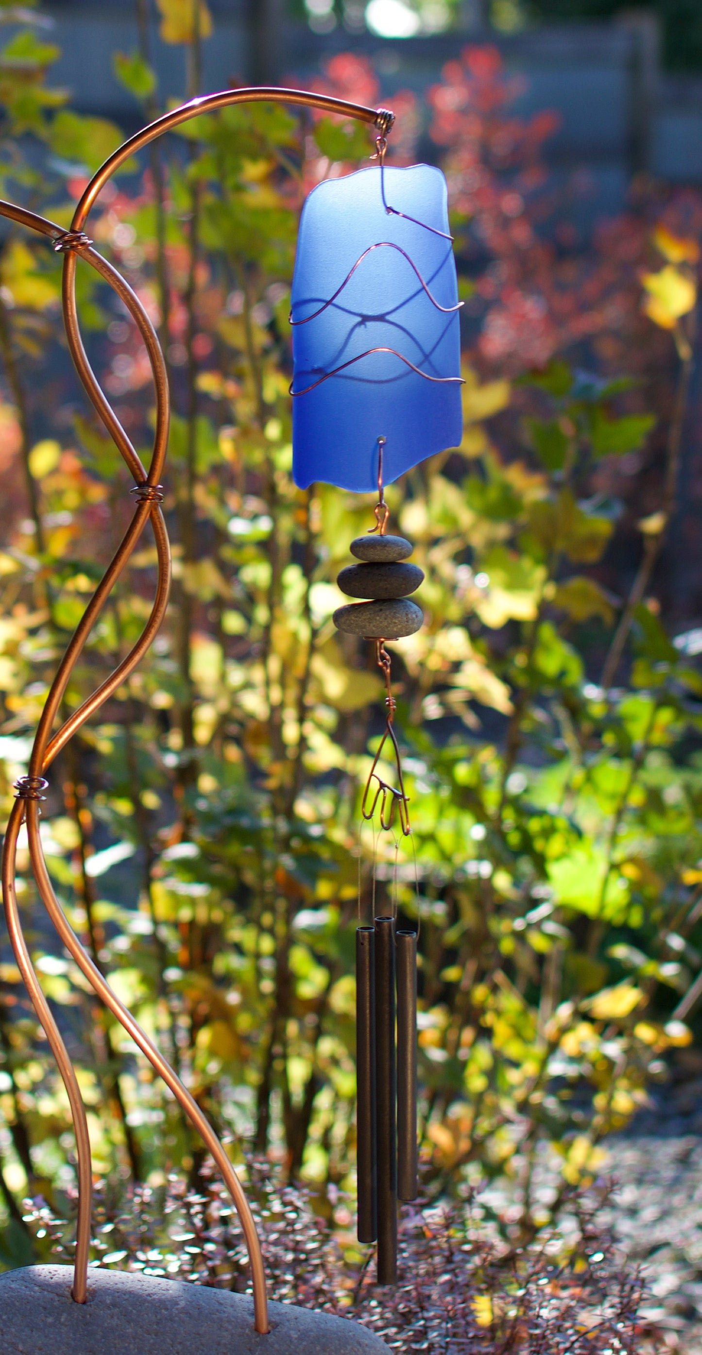 Wind Chime Freestanding Sea Glass Beach Stone Copper