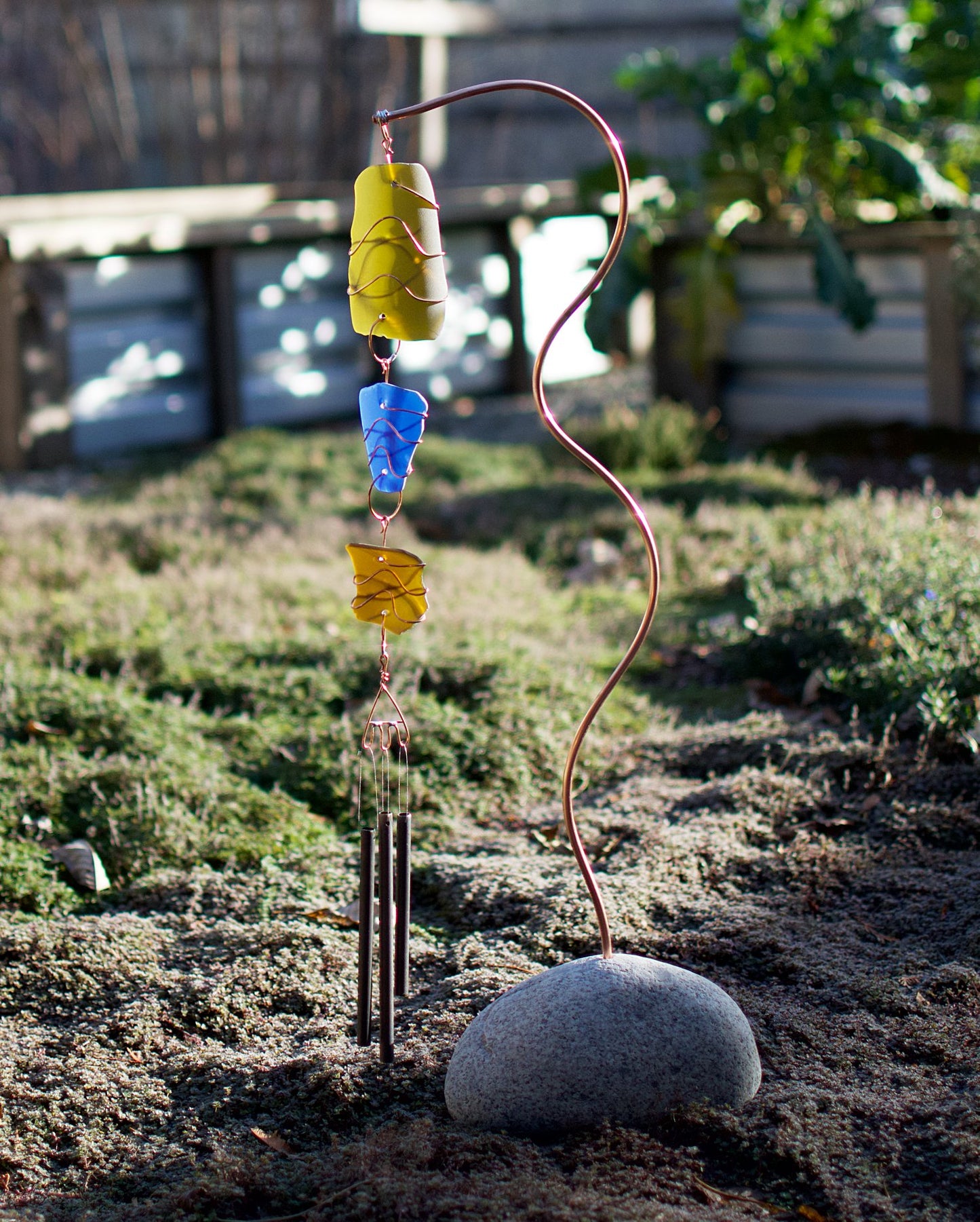 Wind Chime Freestanding Outdoor Sea Glass Copper Beach Stone