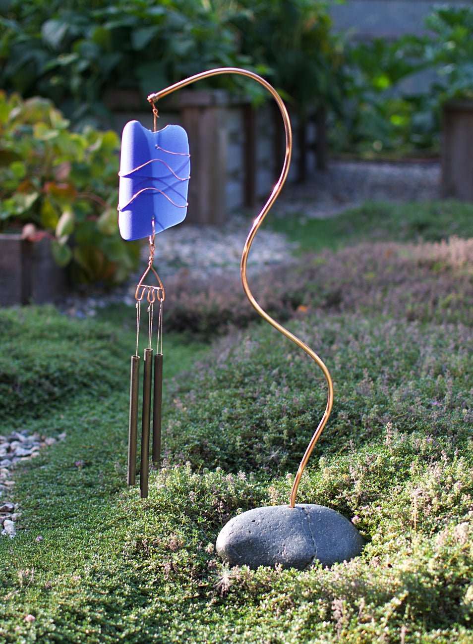 Wind Chiime Autoportant Plage Pierre Cuivre Mer Verre Extérieur