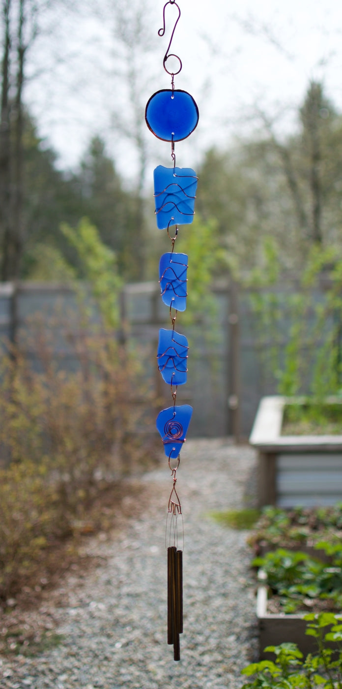 Wind Chime Blue Glass Copper Antiqued Brass Chimes