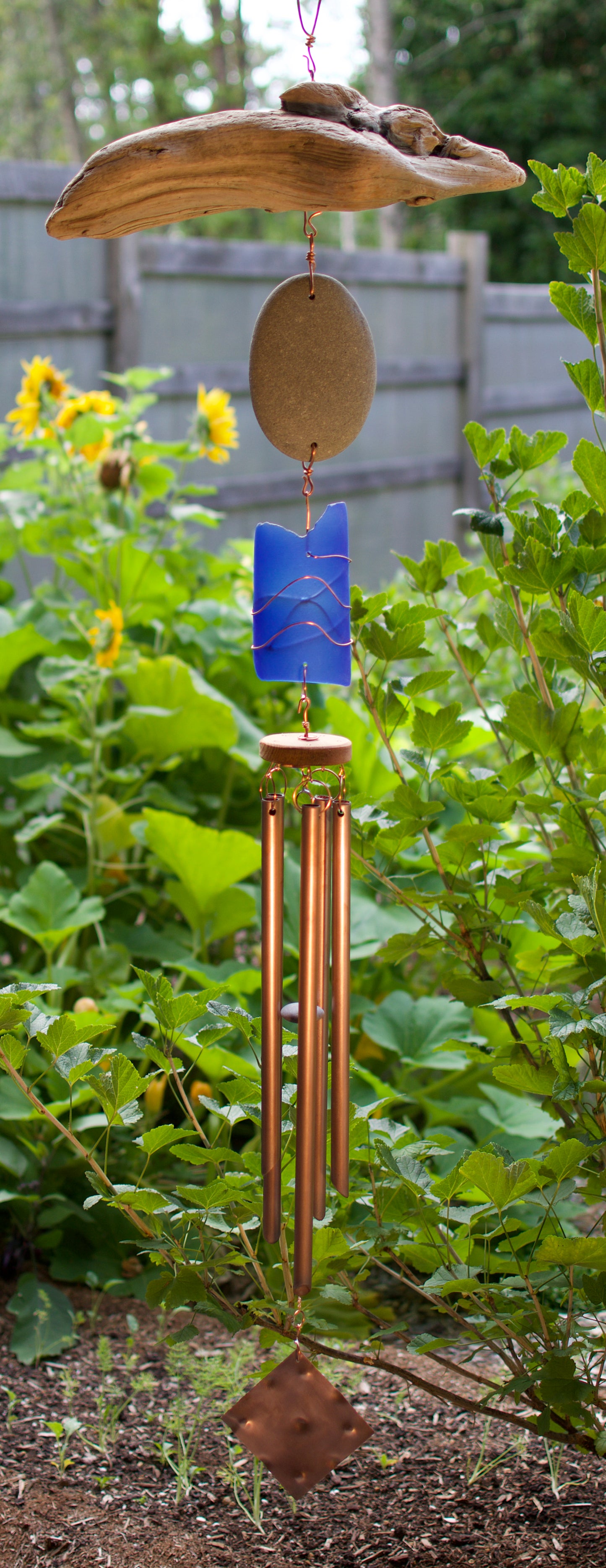 Wind Chime Outdoor Large Driftwood Copper Beach Stone Glass