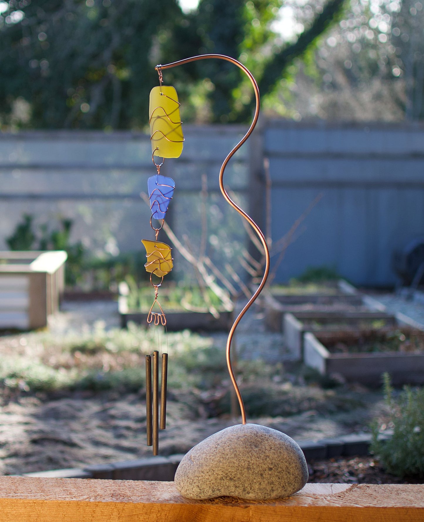 Wind Chime Freestanding Outdoor Sea Glass Copper Beach Stone