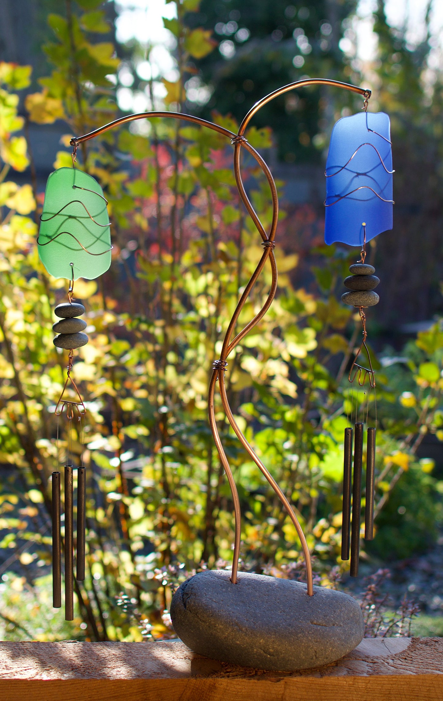 Wind Chime Freestanding Sea Glass Beach Stone Copper