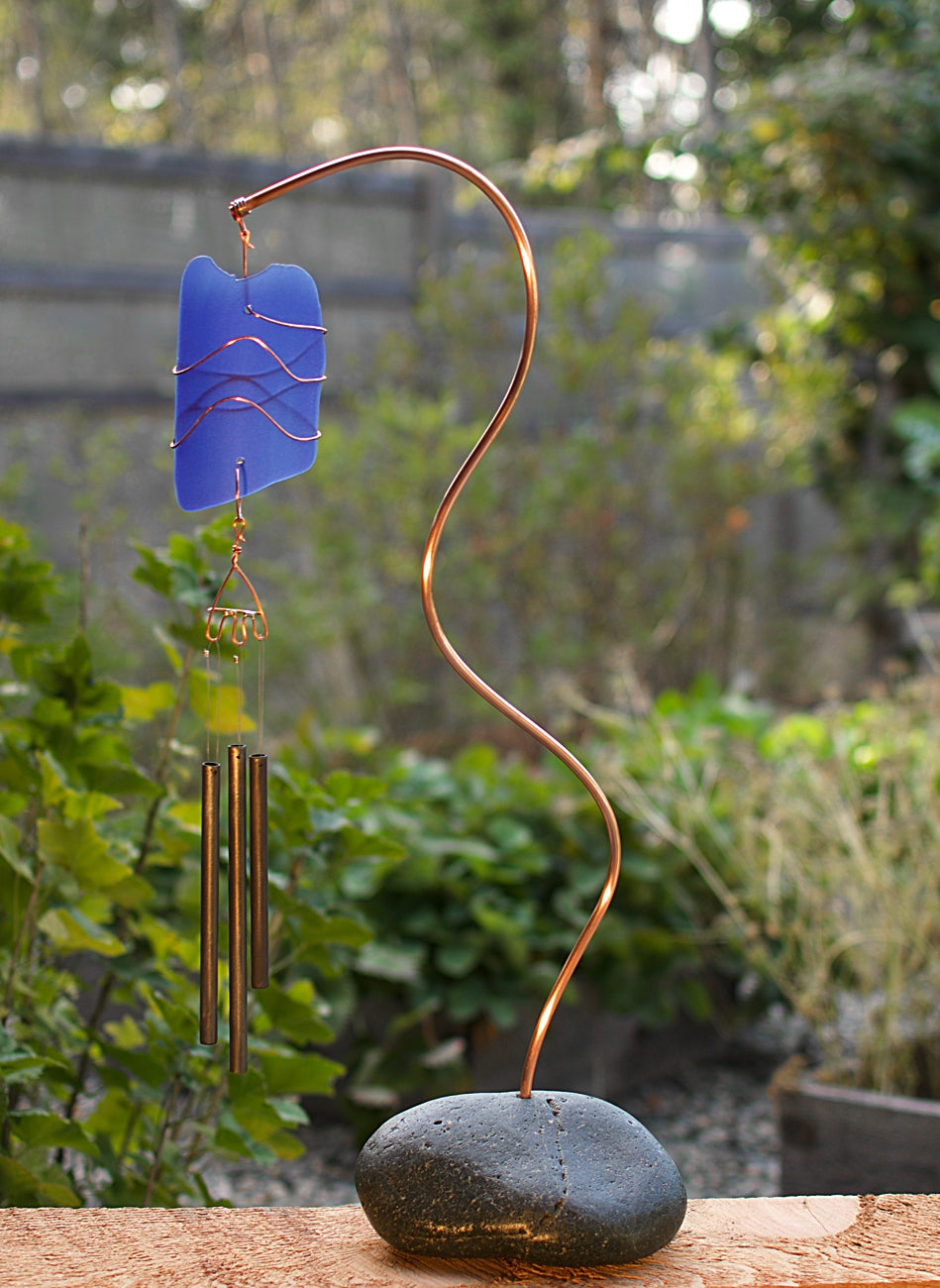 Wind Chiime Autoportant Plage Pierre Cuivre Mer Verre Extérieur