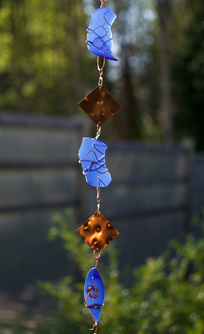 Wind Chime Blue Sea Glass Copper Outdoor Windchimes