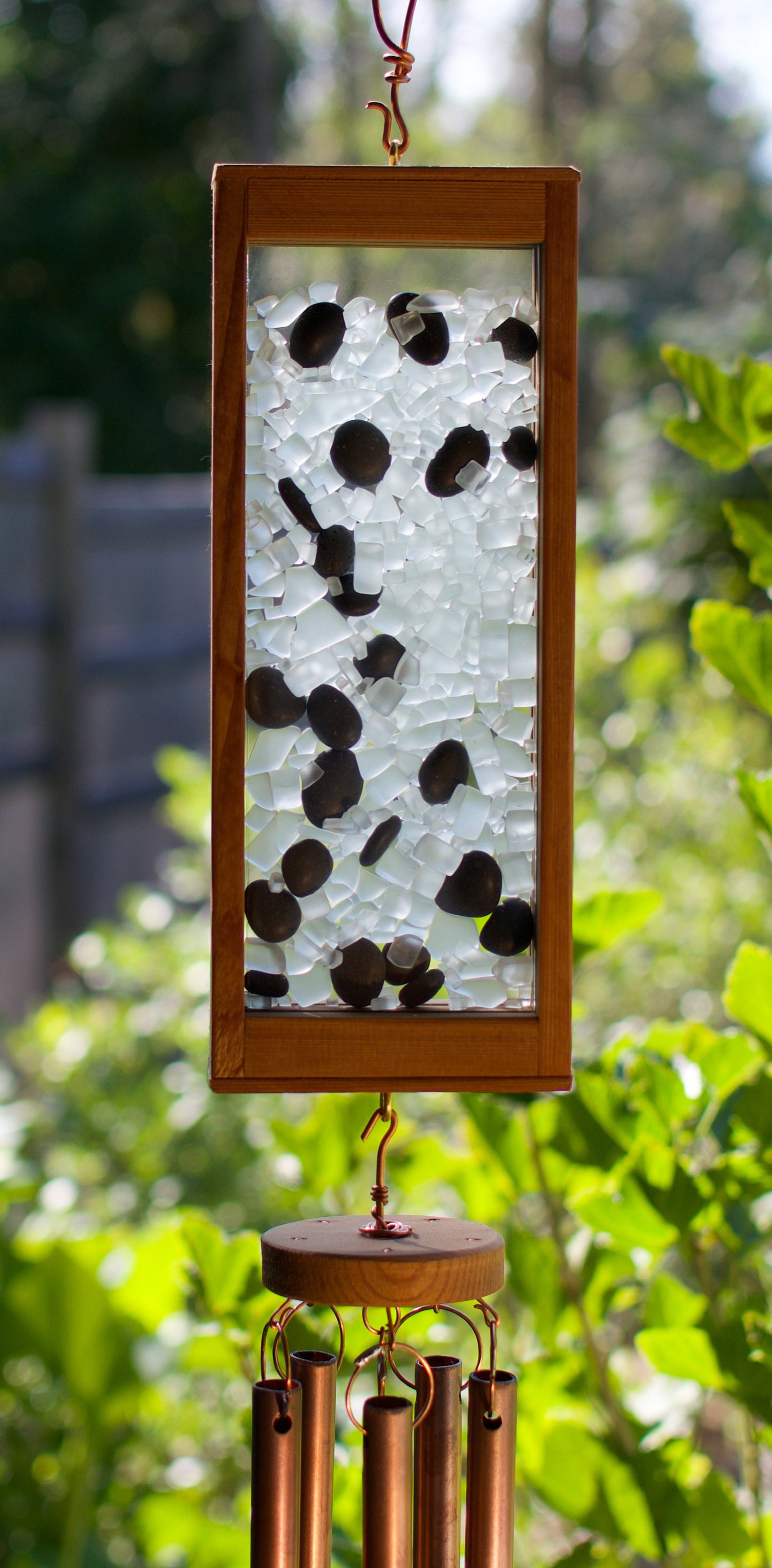 Wind Chime Frosty Glass with Beach Stones Large Copper Chimes