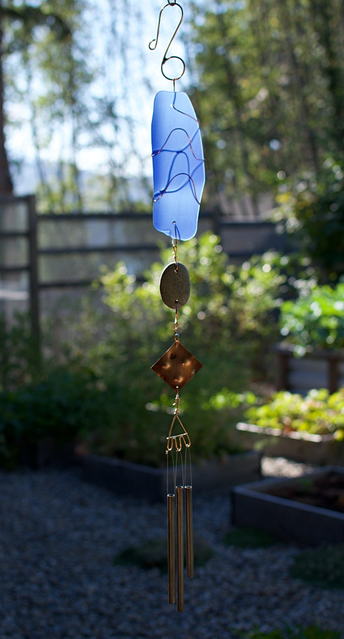 Blue Glass, Beach Stone, and Copper Outdoor Wind Chime