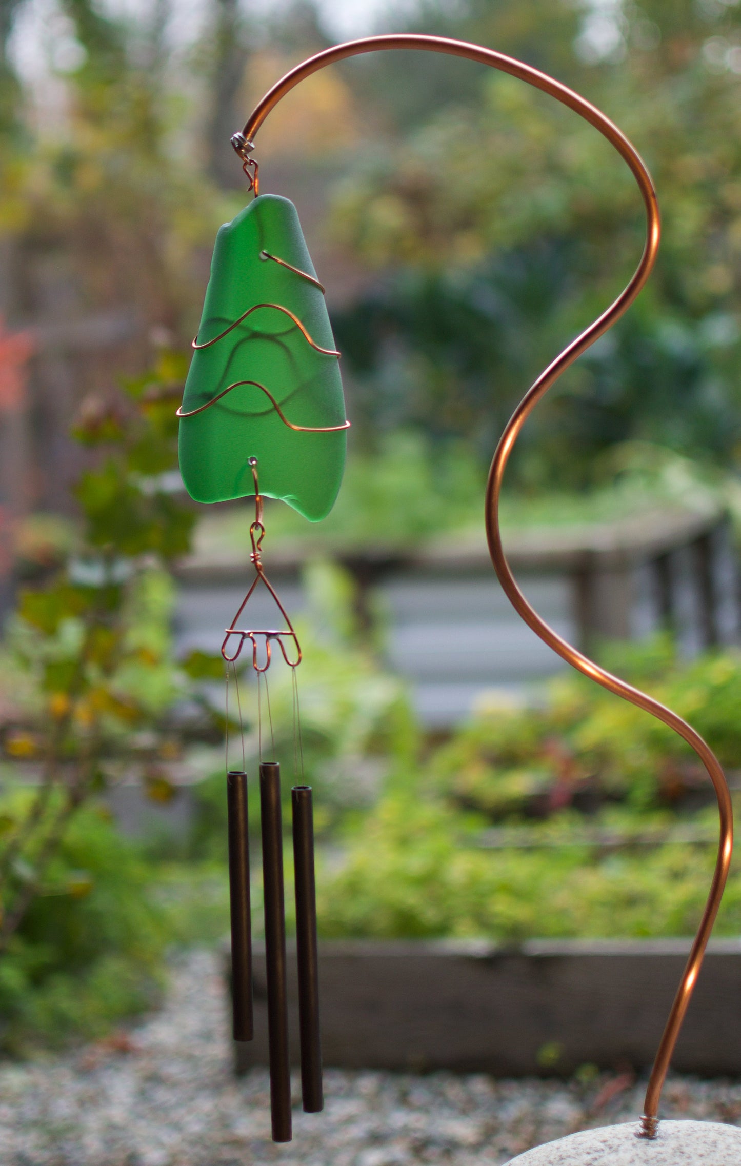Wind Chimes Freestanding Beach Stone Sea Glass Copper