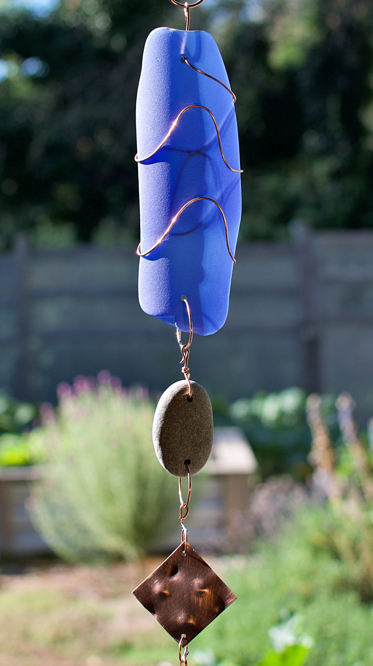 Blue Glass, Beach Stone, and Copper Outdoor Wind Chime