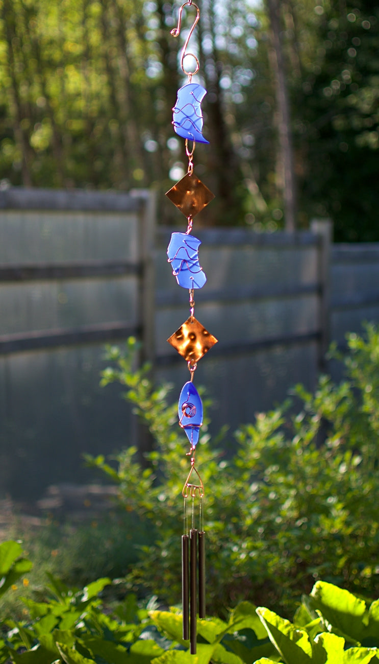 Wind Chime Blue Sea Glass Copper Outdoor Windchimes