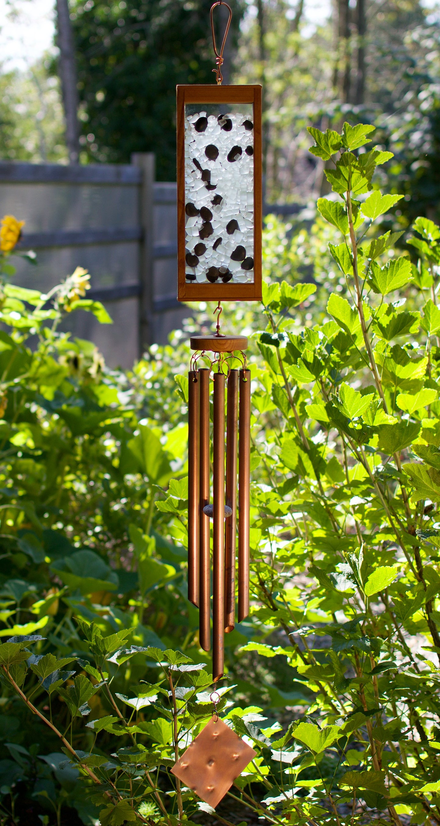Wind Chime Frosty Glass with Beach Stones Large Copper Chimes
