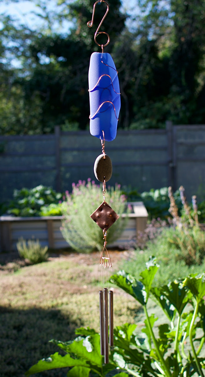 Blue Glass, Beach Stone, and Copper Outdoor Wind Chime