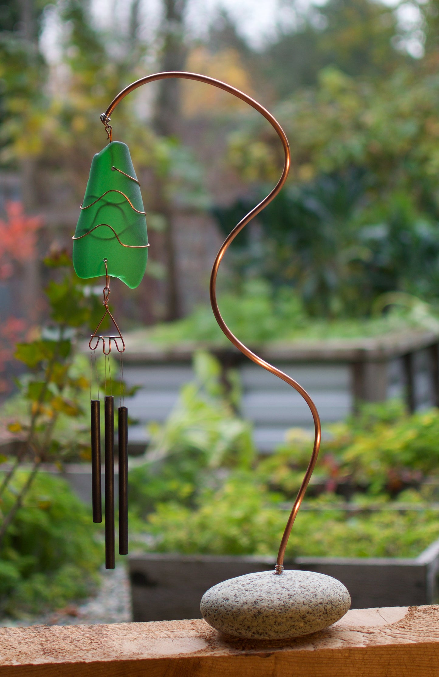 Wind Chimes Freestanding Beach Stone Sea Glass Copper