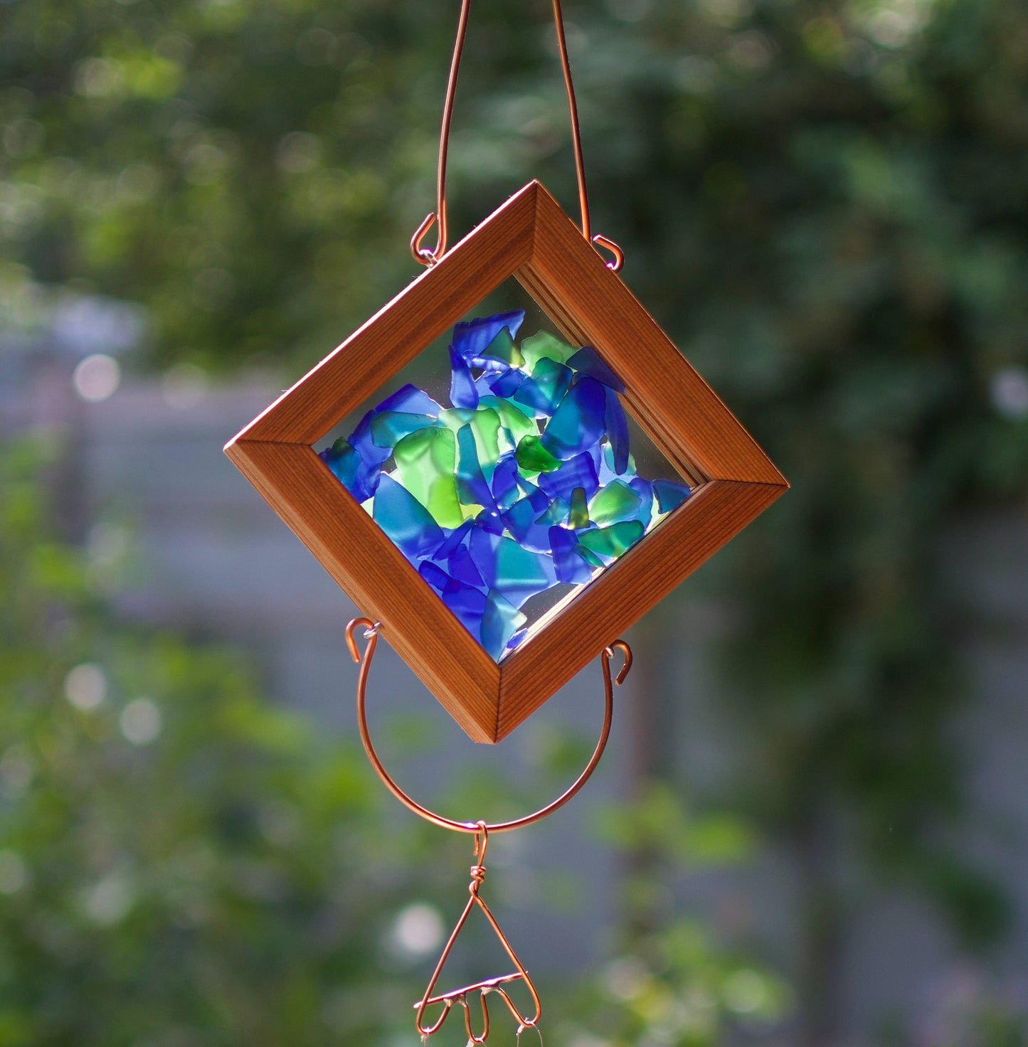 Carillon éolien extérieur kaléidoscope en verre bleu vert