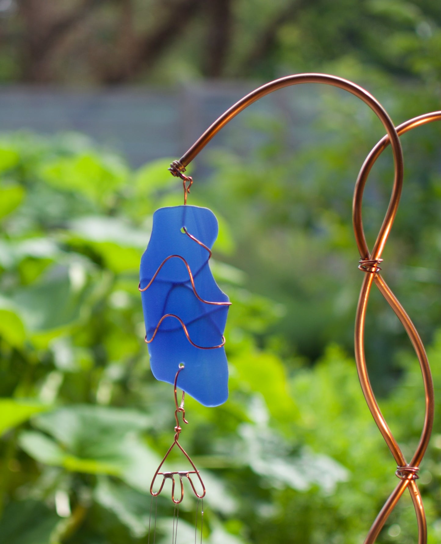 Wind Chime Freestanding Sea Glass, Copper, Beach Stone