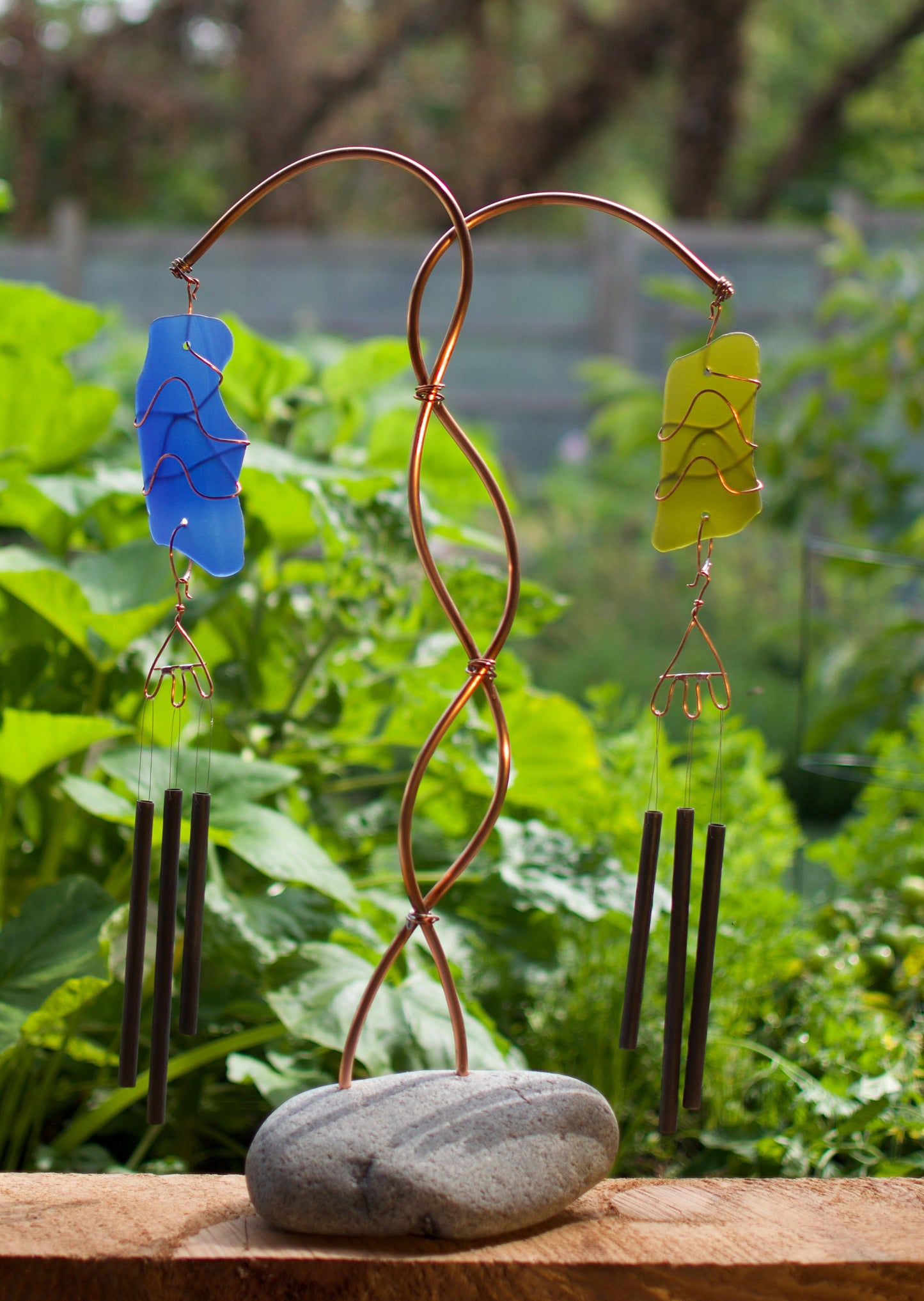 Wind Chime Freestanding Sea Glass, Copper, Beach Stone