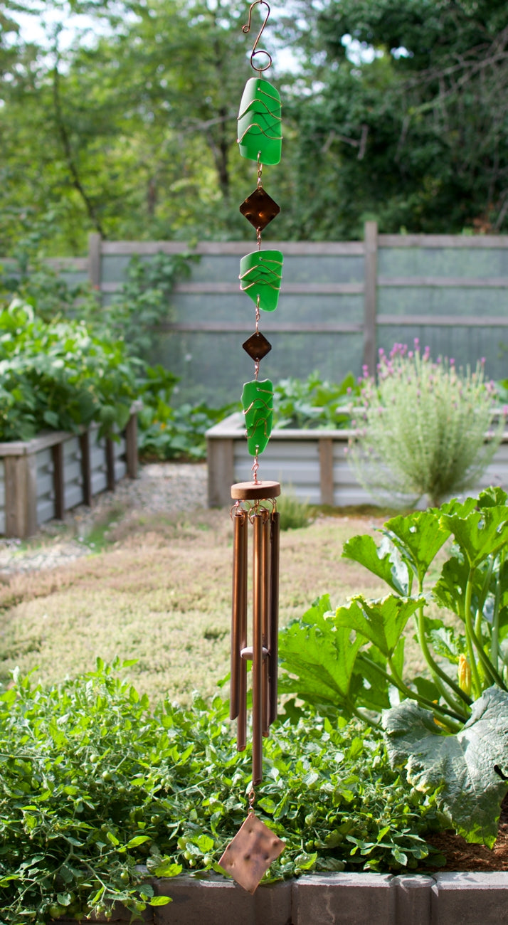 Wind Chime Green Glass Copper Outdoor Large Windchime
