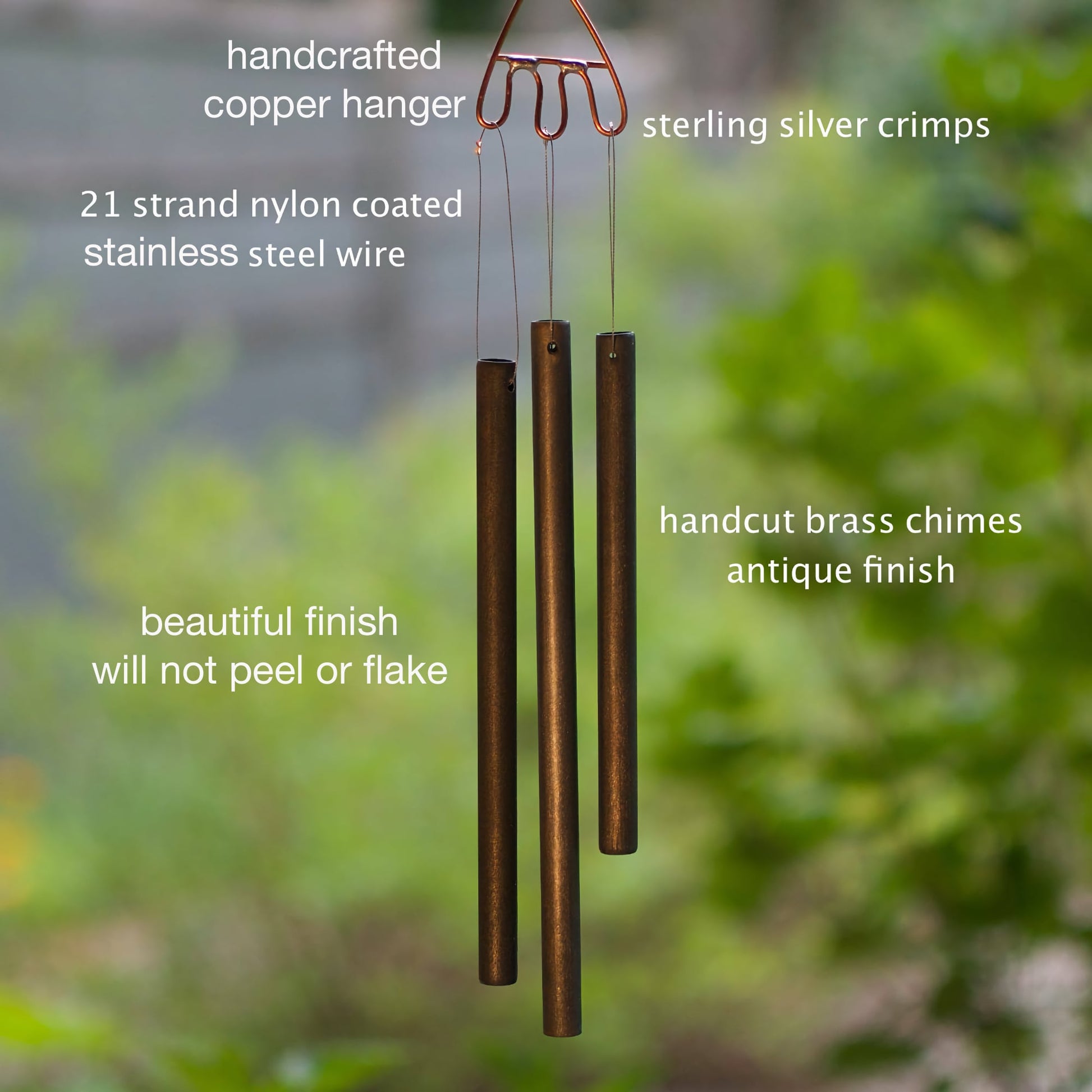 handmade brass chimes with the parts labeled, Coast Chimes
